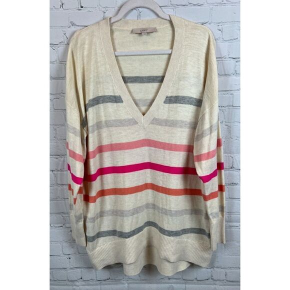 LOFT natural beige multicolor striped V-neck oversized sweater pullover L - Picture 1 of 6